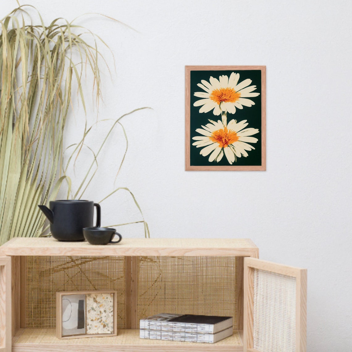 White Daisies Dark Green Boho Floral Botanical Minimal Wall Poster - Image 2
