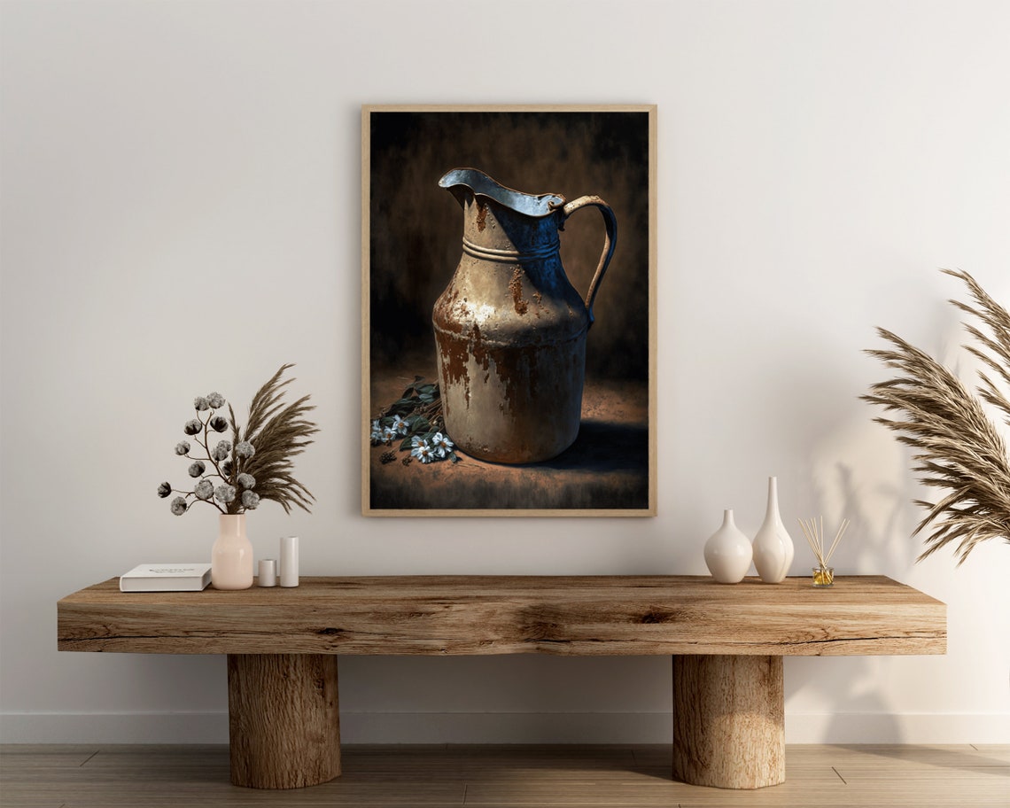 Vintage Rustic Antique Milk Pitcher With Daisies Still Life Poster - Image 3