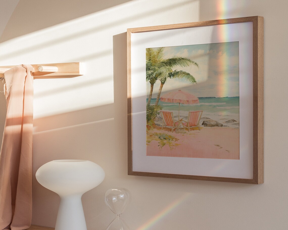 Tropical Pink Beach Parasol Palm Trees Turquoise Sea Art Poster - Image 3