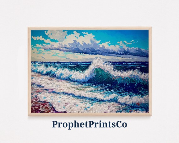 Crashing Ocean Wave Painting With Bold Clouds Dramatic Sea Poster