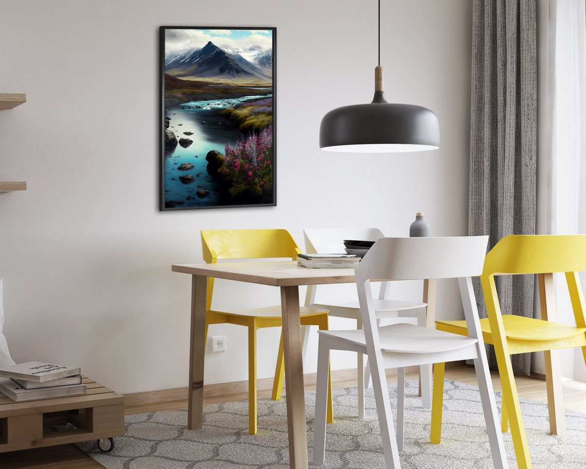 Snowcapped Mountain Peak Over Turquoise River Wildflower Valley Poster - Image 2