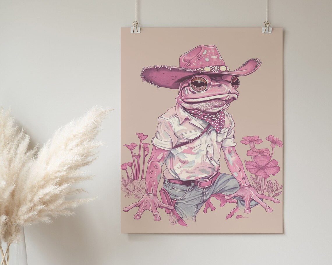 Pink Cowboy Frog Hat Jeans Desert Flowers Western Funny Art Poster - Image 2
