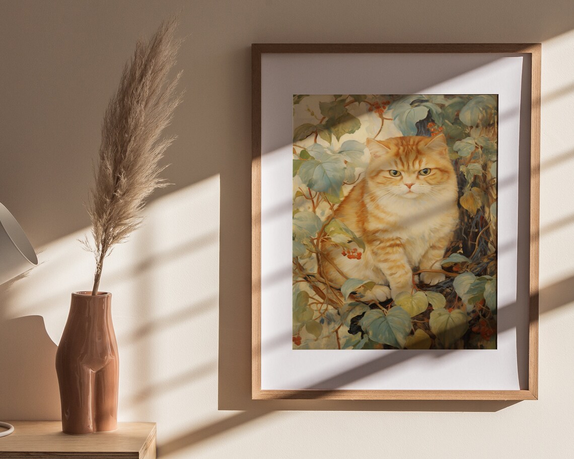 Ginger Cat Resting in Berry Vines Vintage Autumn Feline Portrait Painting Poster - Image 4
