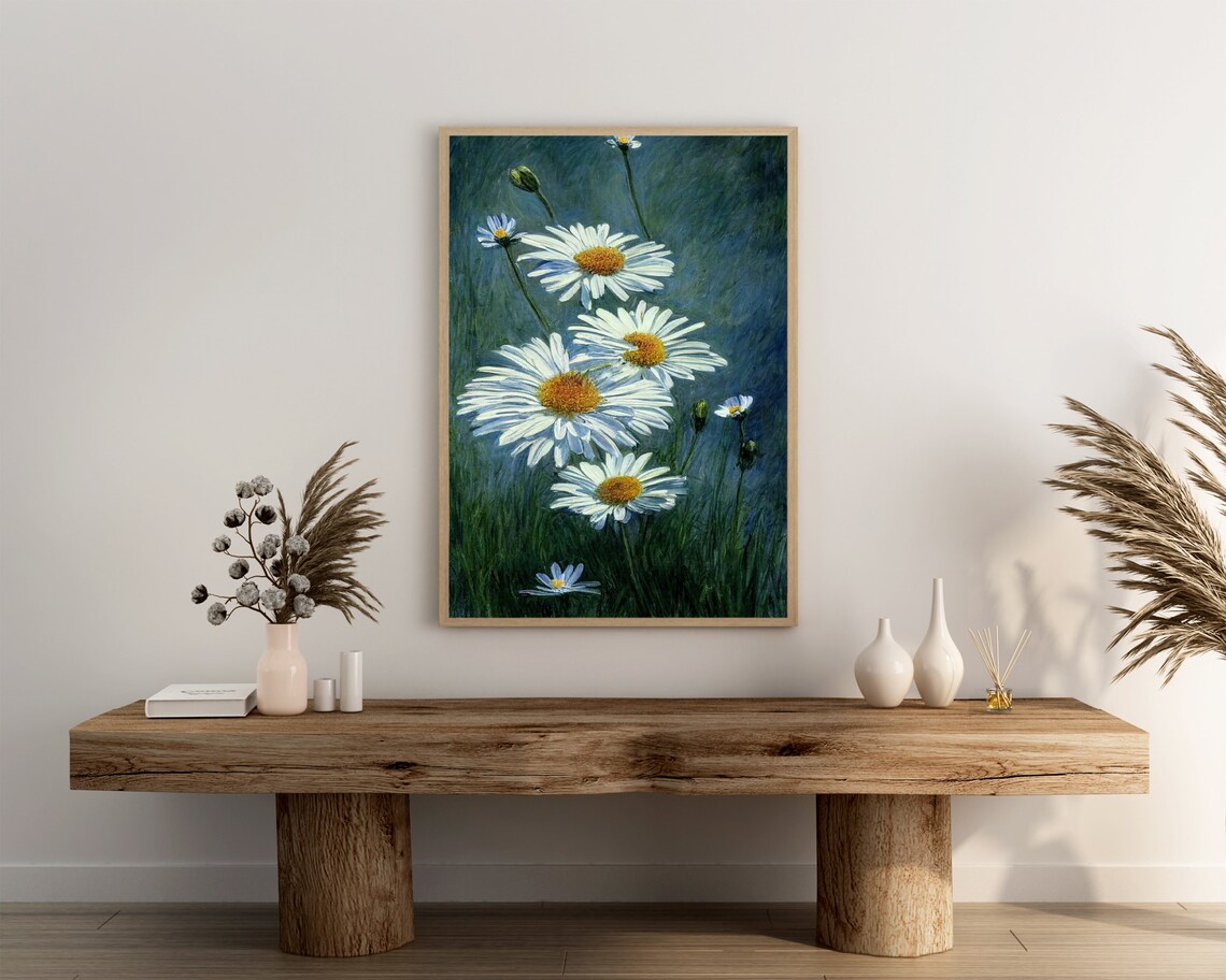 White Daisy Bouquet Impressionist Oil Painting Blue Green Garden Poster - Image 3