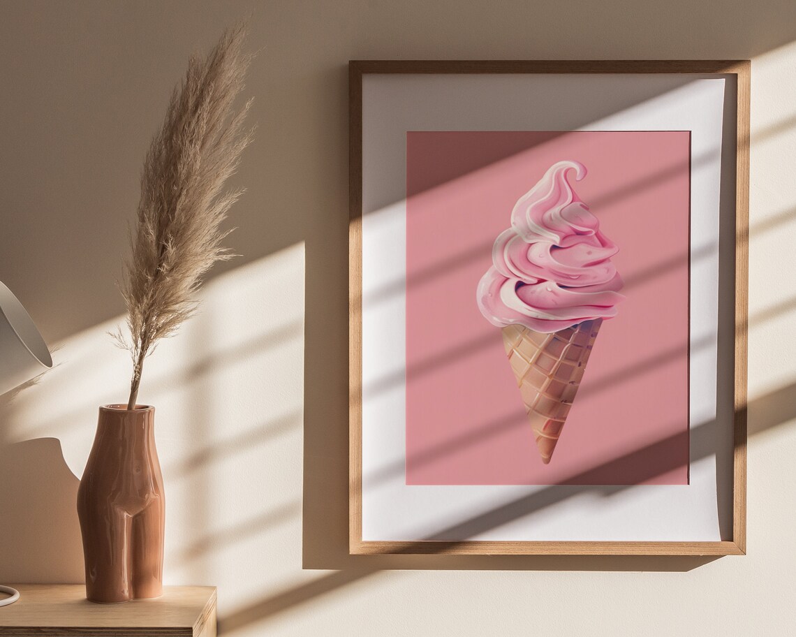 Pink Strawberry Soft Serve Ice Cream Cone Pastel Dessert Art Poster - Image 4