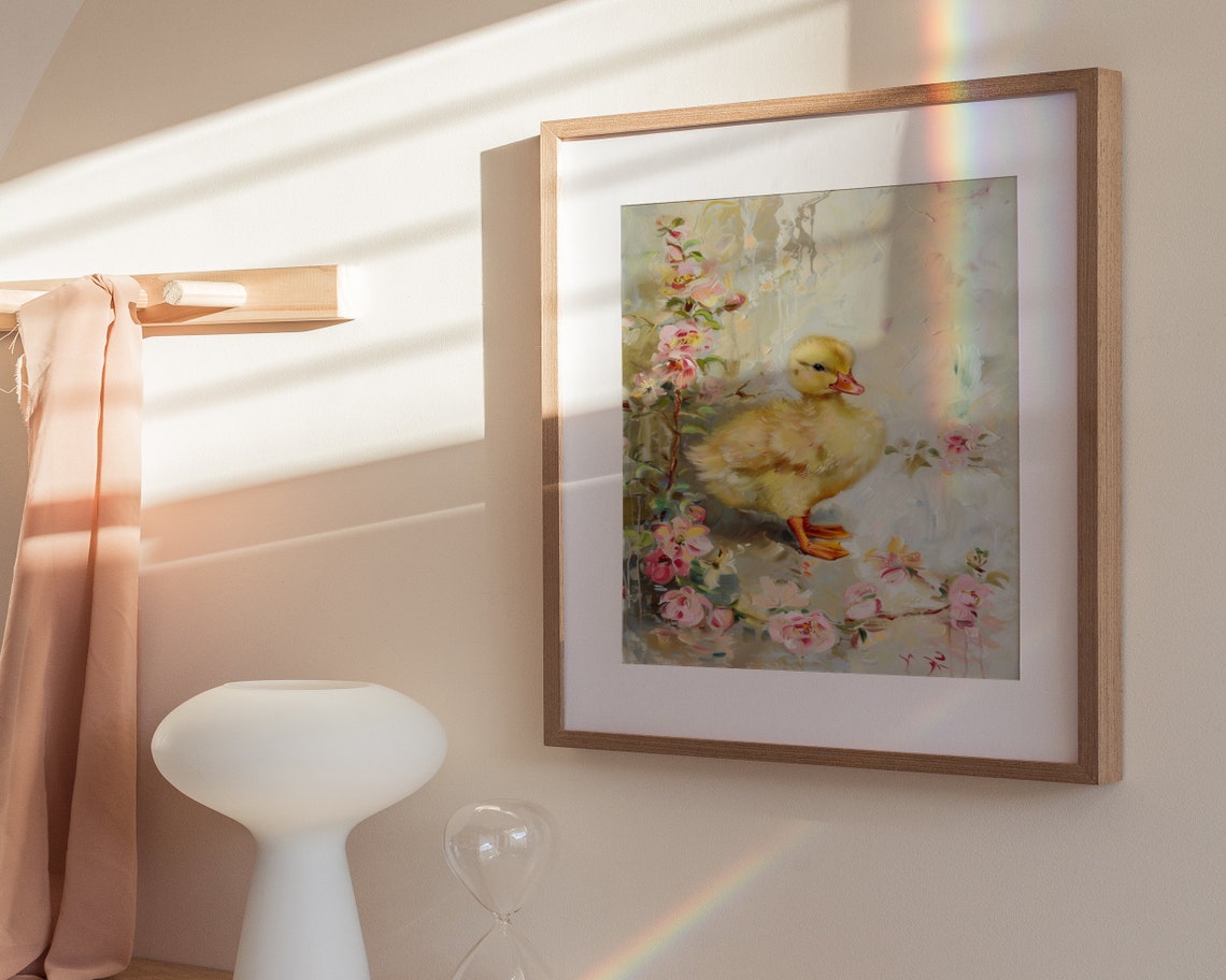 Cute Duckling Pink Blossoms Soft Oil Painting Spring Nursery Poster - Image 3