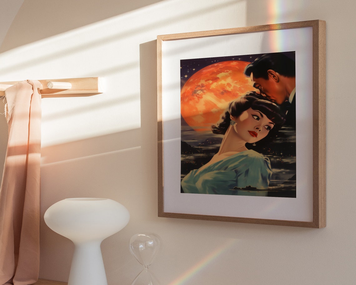 Retro Japanese Romance Couple Under Giant Red Moon Art Poster - Image 3