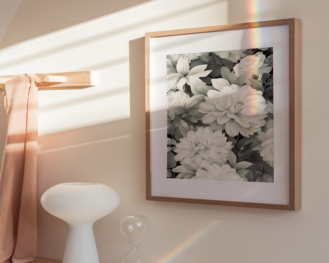Soft White Dahlia Blooms Monochrome Floral Painting Art Poster - Image 3