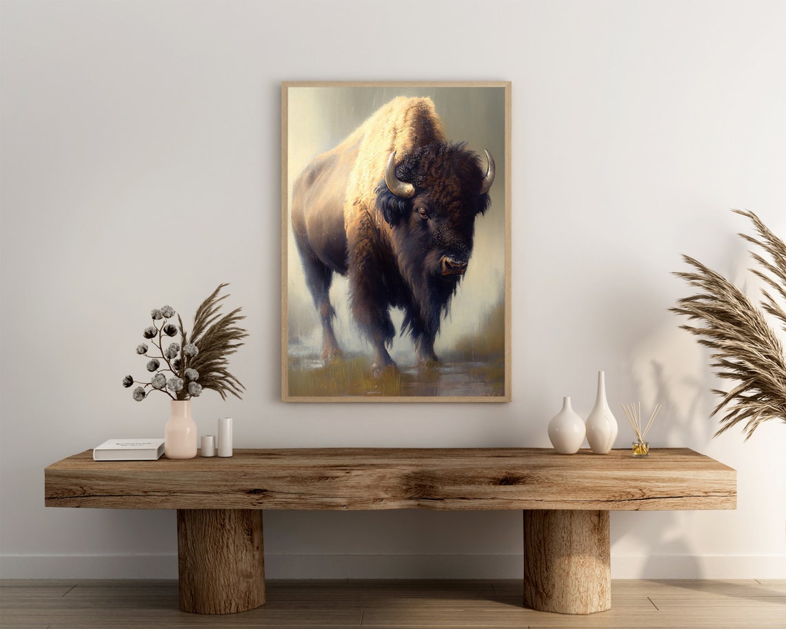 Powerful Bison Striding Through Shallow Water Oil Painting Poster - Image 3