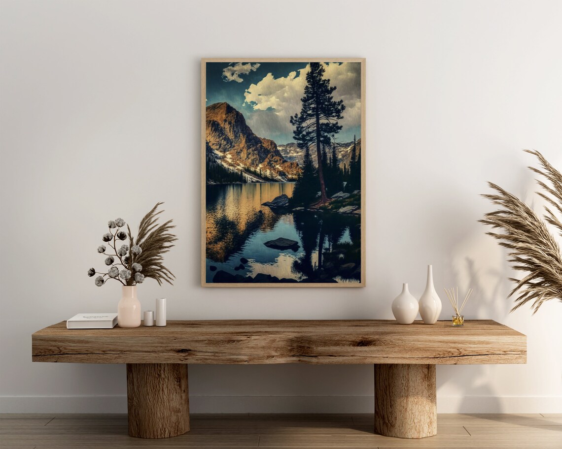 Alpine Lake Tall Pine Golden Light Mountain Reflection Scenic Art Poster - Image 3
