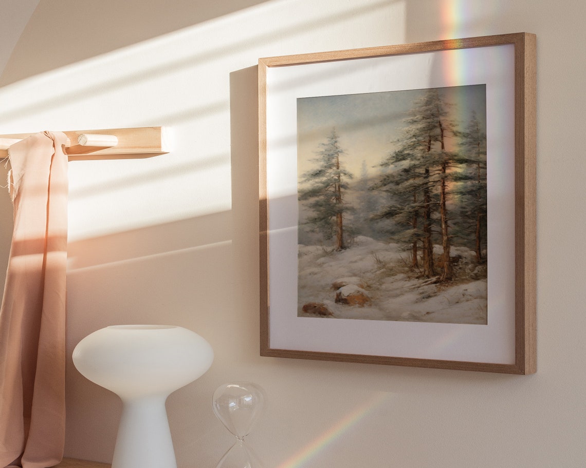Misty Snowy Pine Forest Golden Morning Light Winter Painting Poster - Image 3
