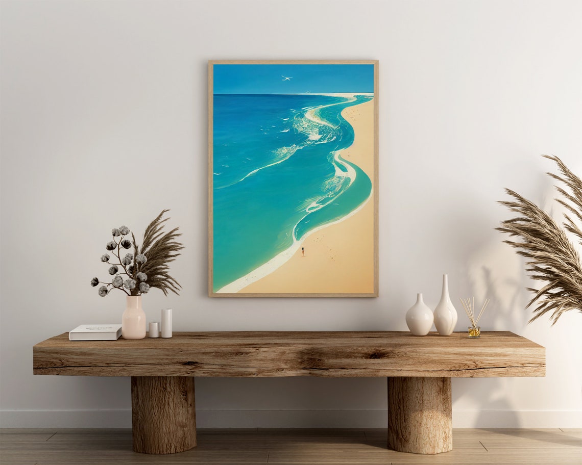 Aerial Beach With Winding Shoreline Lone Figure And Seagull Poster - Image 3