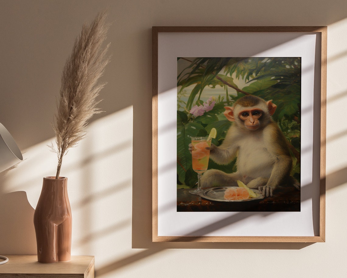 Monkey Cocktail Print Monkey Gentleman Print Retro Wall Art Cute Preppy Apartment Wall Art Wall Art - Image 4