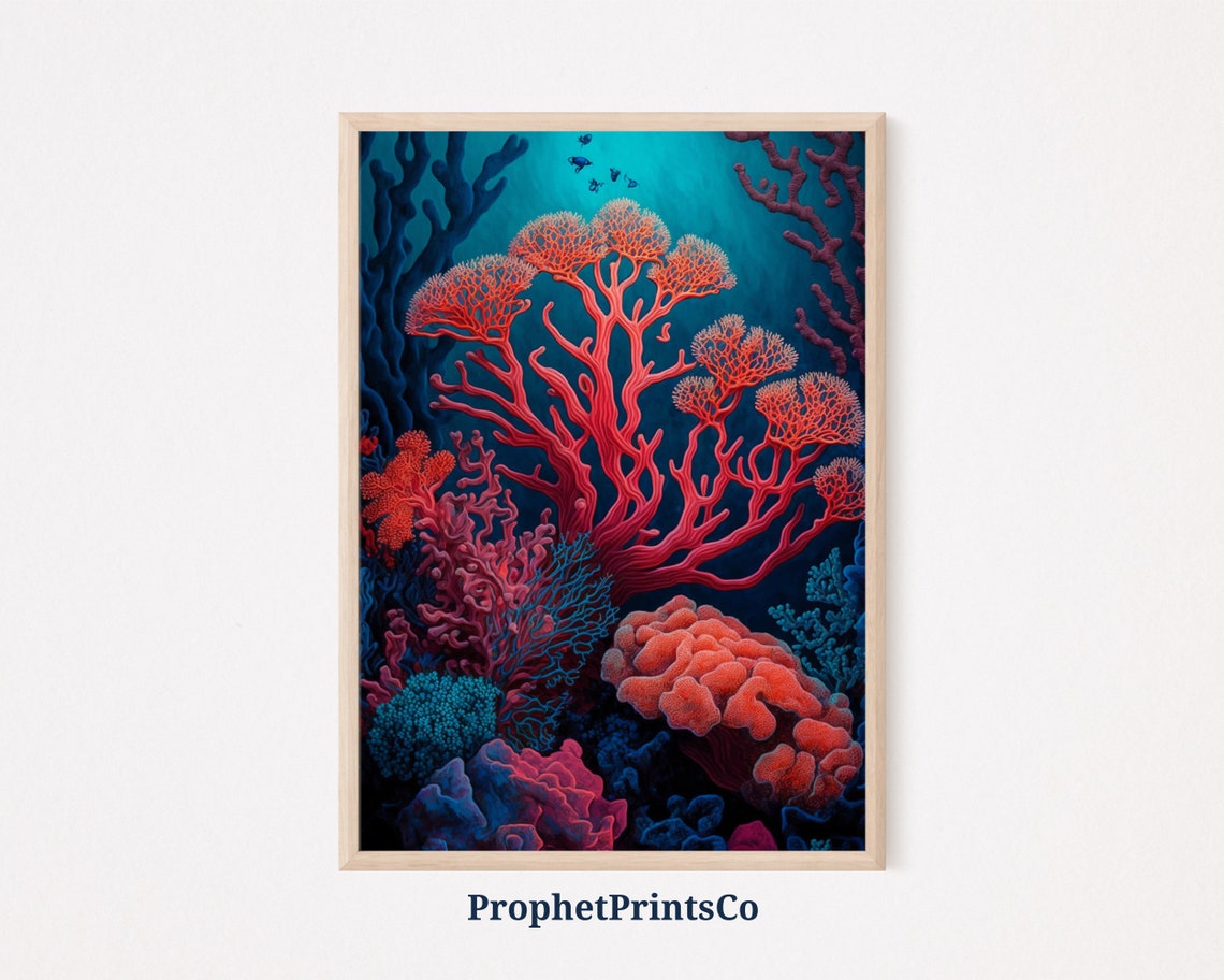 Red Branching Coral Tree Deep Blue Ocean Nautical Art Poster