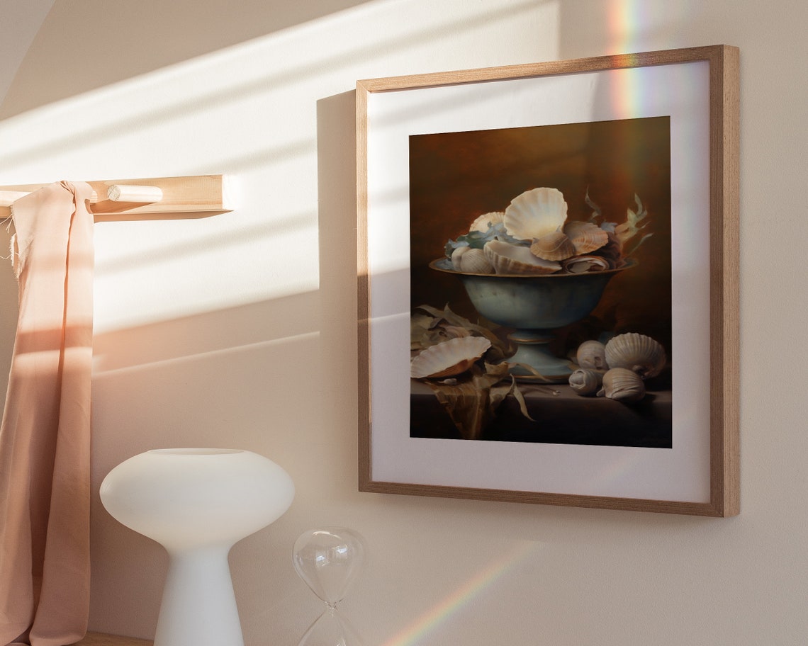 Seashell Bowl Blue Grey Footed Bowl Moody Still Life Art Poster - Image 3