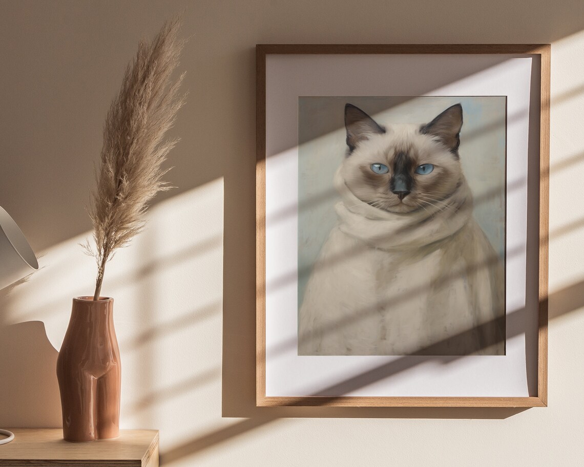 Siamese Cat White Scarf Blue Eyes Cozy Portrait Painting Poster - Image 4