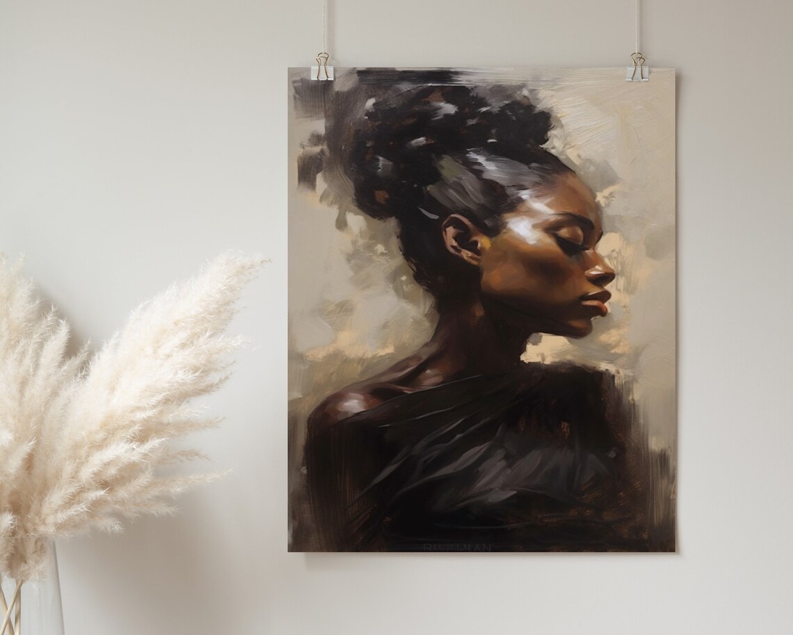 Black Woman Profile Dark Hair Bun Serene Oil Painting Art Poster - Image 2