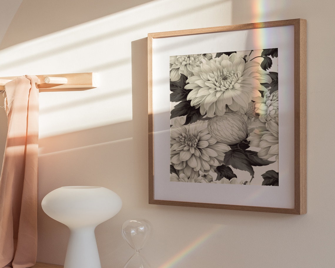 Giant White Dahlia Flowers Soft Monochrome Botanical Art Poster - Image 3