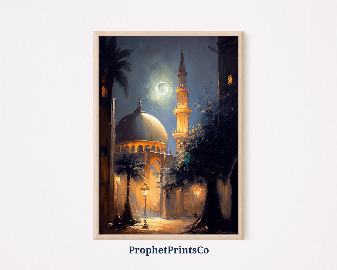 Mosque With Dome and Minaret on a Moonlit Street Painting Poster