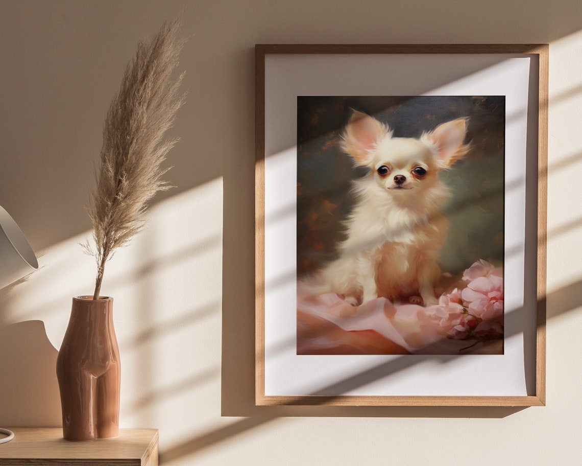 White Chihuahua With Pink Roses Elegant Floral Dog Portrait Poster - Image 4