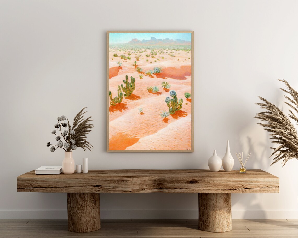 Green Cacti in Orange Desert Sand Dunes Landscape Painting Poster - Image 3