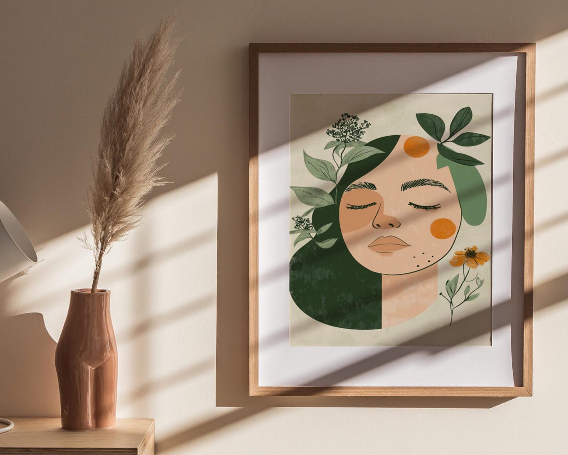 Tranquil Female Portrait Green And Orange Botanical Abstract Poster - Image 3