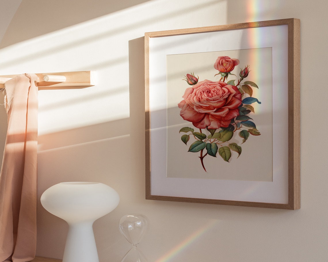 Vintage Coral Rose Botanical Illustration Cream Floral Poster - Image 3