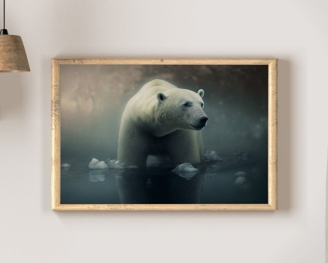 Polar Bear Among Ice Chunks in Misty Arctic Water Wildlife Poster - Image 2