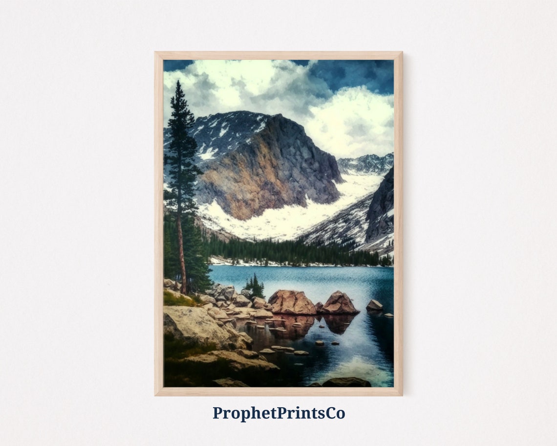 Rocky Snow Mountain Turquoise Alpine Lake Pine Rocks Landscape Poster