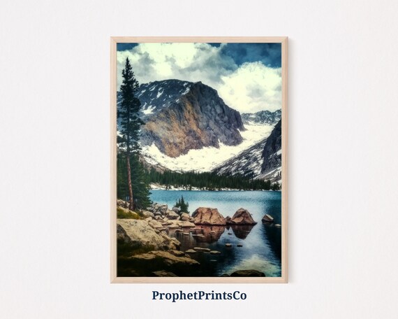 Rocky Snow Mountain Turquoise Alpine Lake Pine Rocks Landscape Poster