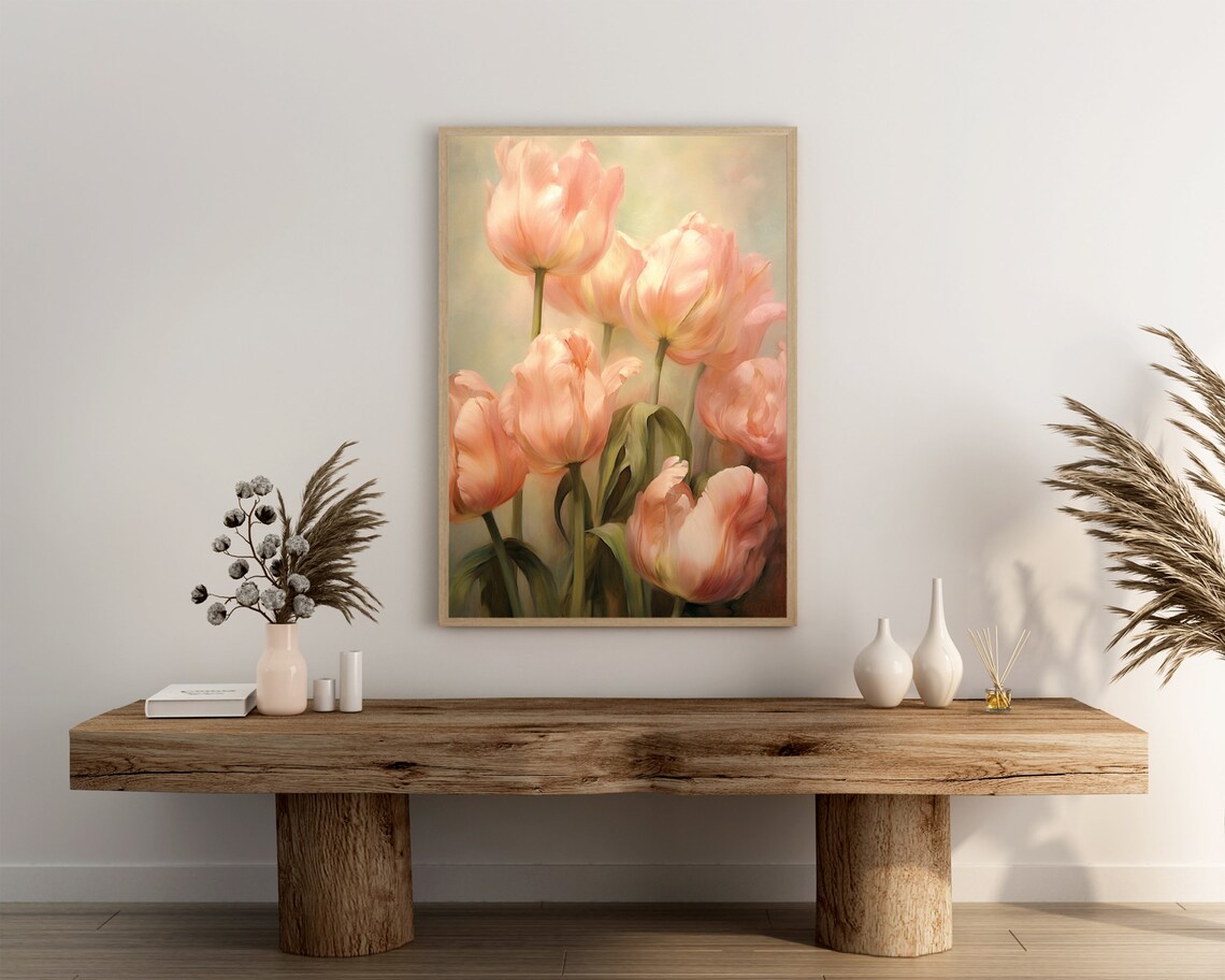 Peach Tulip Blooms Close Up Soft Pink Floral Oil Painting Poster - Image 3