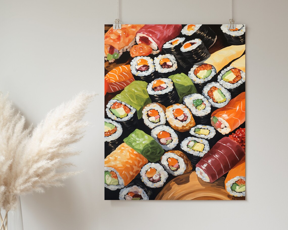 Sushi Maki Rolls Tuna Nigiri Wooden Board Food Painting Poster - Image 2