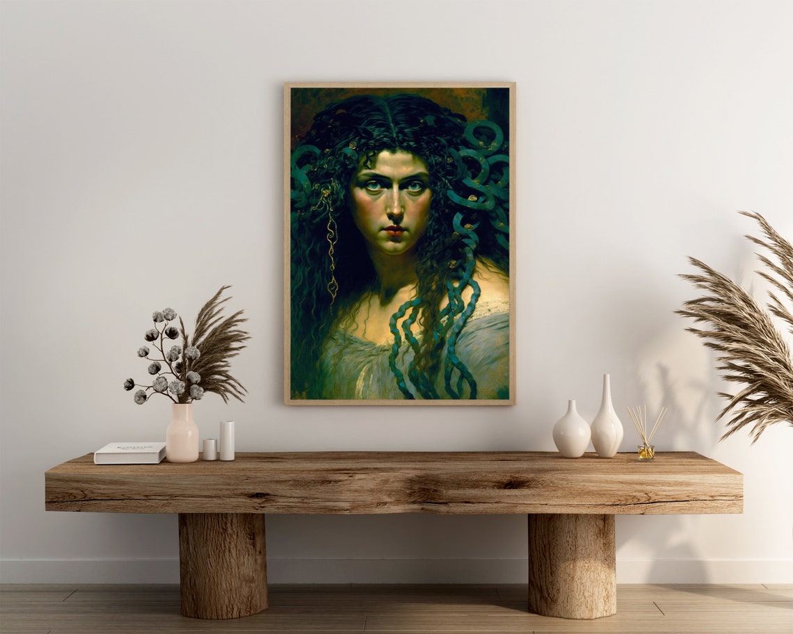 Medusa With Blue Green Serpent Hair Classical Oil Art Poster - Image 3
