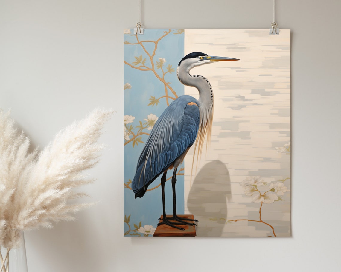 Great Blue Heron By Blossoming Branches Vintage Waterbird Poster - Image 2