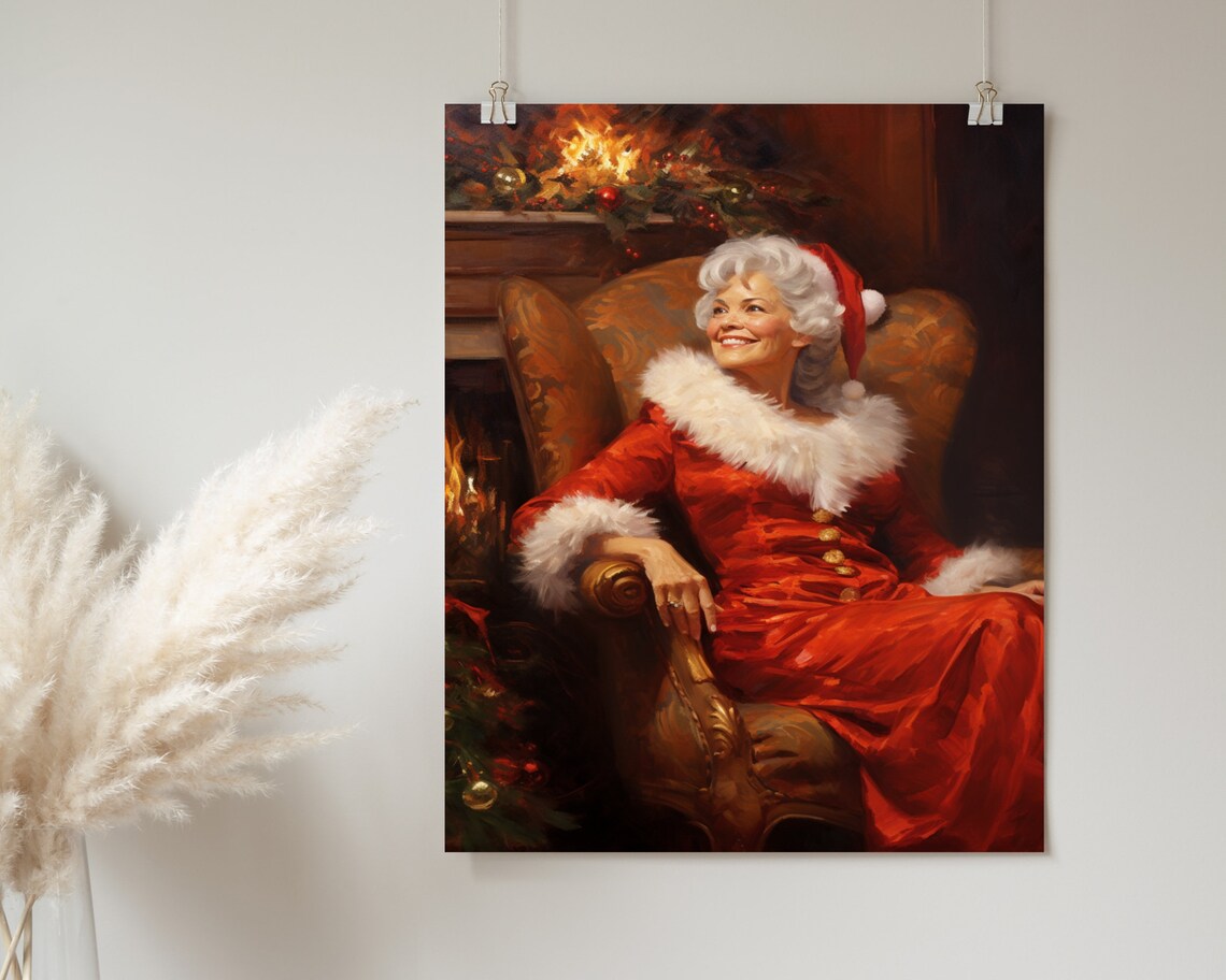 Mrs Claus Relaxing by the Fireplace Vintage Christmas Oil Painting Poster - Image 2