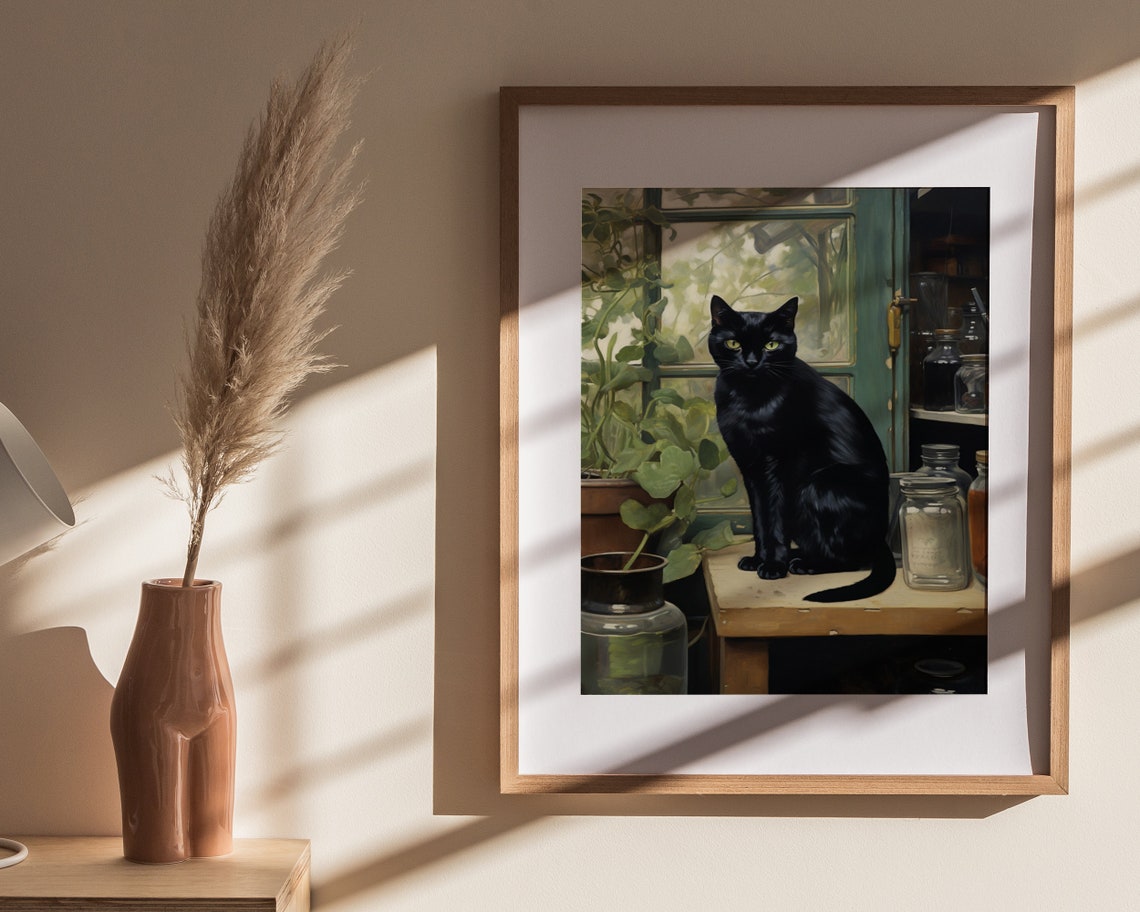Black Cat By Window With Plants Painterly Vintage Cat Art Poster - Image 4