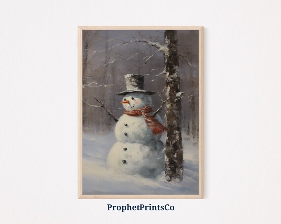 Snowman Red Scarf Birch Tree Snowy Forest Rustic Christmas Poster