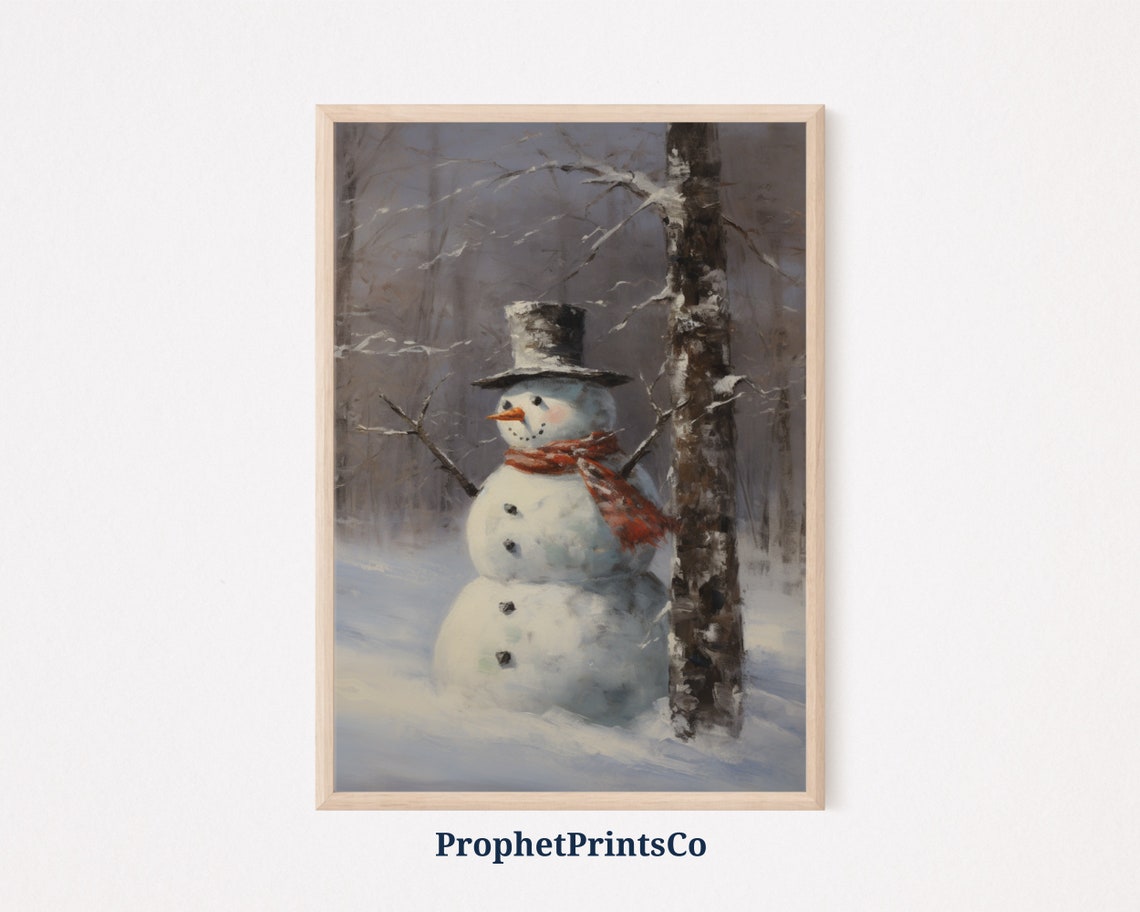 Snowman Red Scarf Birch Tree Snowy Forest Rustic Christmas Poster