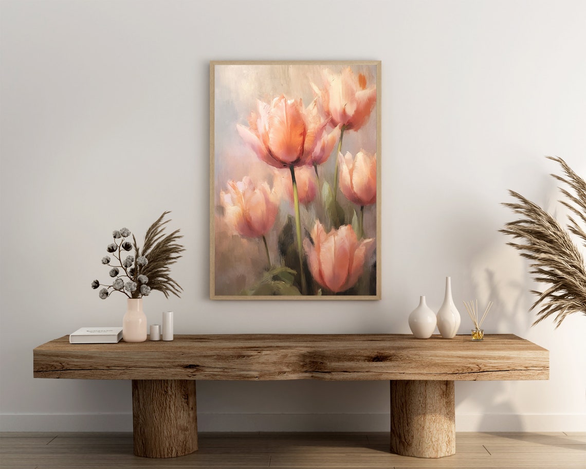 Soft Peach Tulip Blooms Dreamy Pastel Floral Painting Poster - Image 3