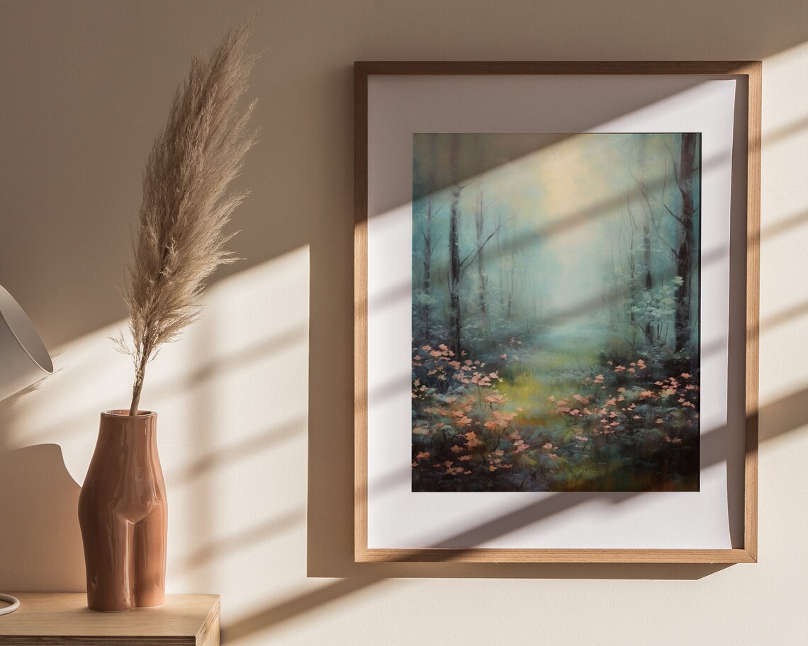 Ethereal Misty Forest Pink Wildflowers Dreamy Oil Painting Poster - Image 4