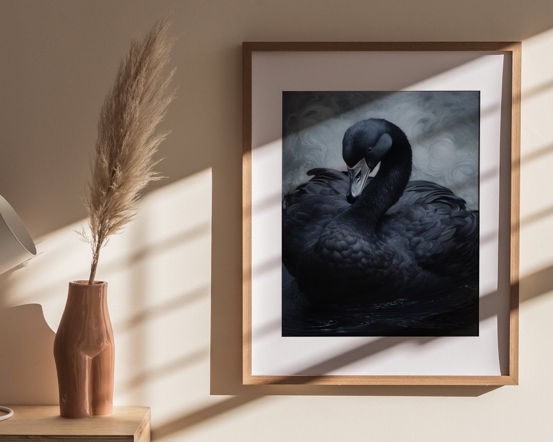 Black Swan Portrait Swirling Gray Background Painting Poster - Image 4