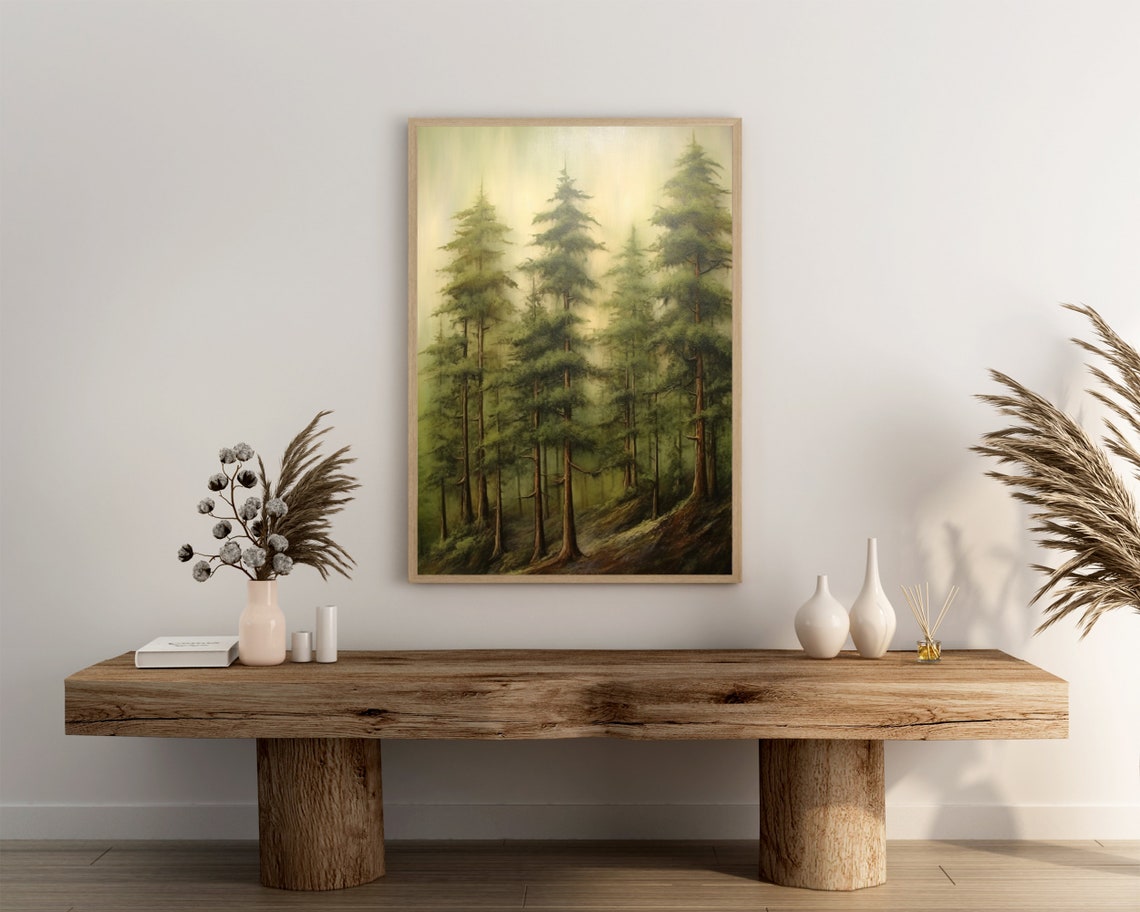 Foggy Pine Forest Oil Painting Tall Evergreen Trees Misty Poster - Image 3
