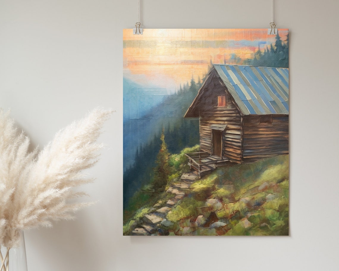 Log Cabin Mountain Sunset Pine Forest Stone Path Oil Painting Poster - Image 2