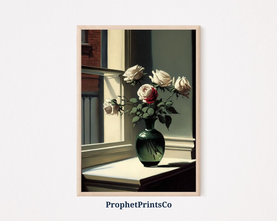 Red And White Roses In Green Vase On Sunlit Windowsill Poster