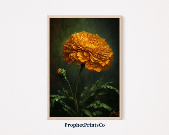 Marigold Poster Print Botanical Wall Art October Birth Flower Gift Moody Floral Home Dcor Wall Art Digitial