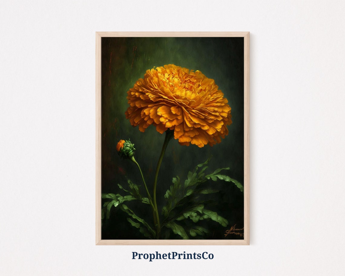 Single Golden Marigold Bloom on Tall Stem Dark Botanical Poster