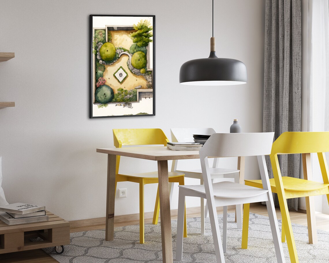 Zen Garden Aerial Watercolor Japanese Rock Garden Topiary Art Poster - Image 2