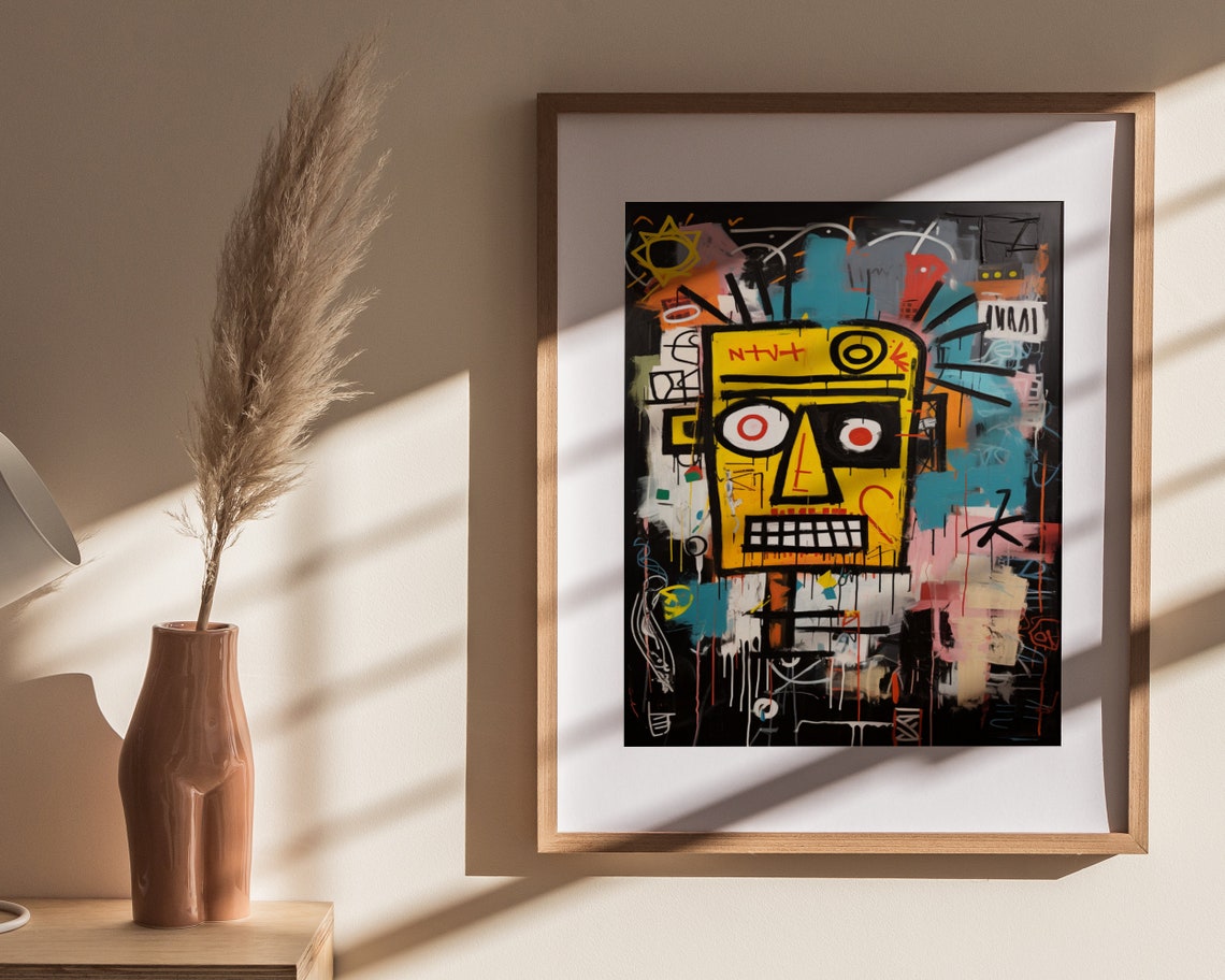 Basquiat Inspired Yellow Tribal Face Graffiti Bold Urban Art Poster - Image 4