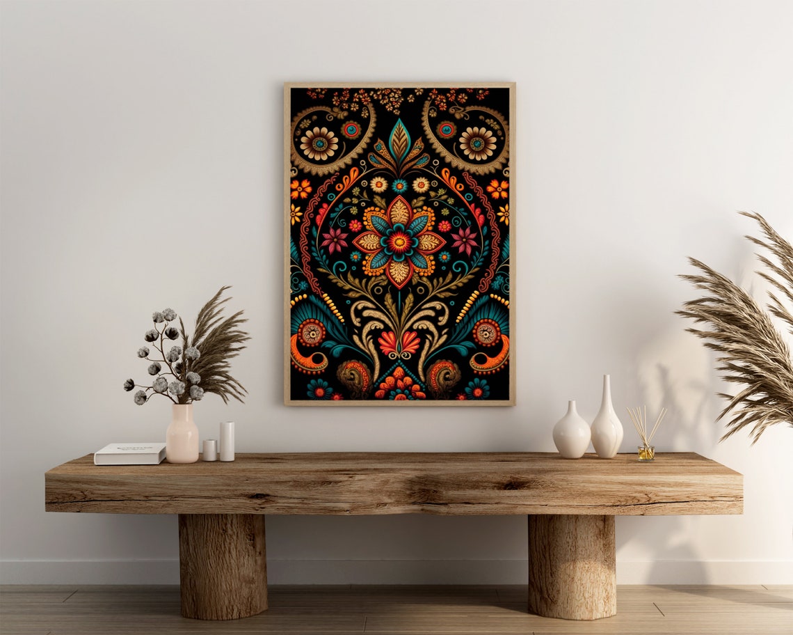 Ornate Paisley Floral Pattern on Black Rich Bohemian Art Poster - Image 3