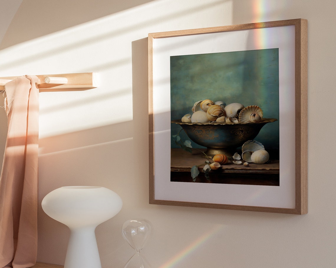 Seashell Still Life Ornate Bowl Teal Coastal Oil Painting Poster - Image 3